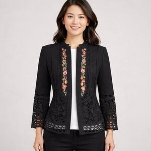 💖 Chico’s NWT Black Cotton Crochet Trimmed Jacket - Fully Lined, Size 4P